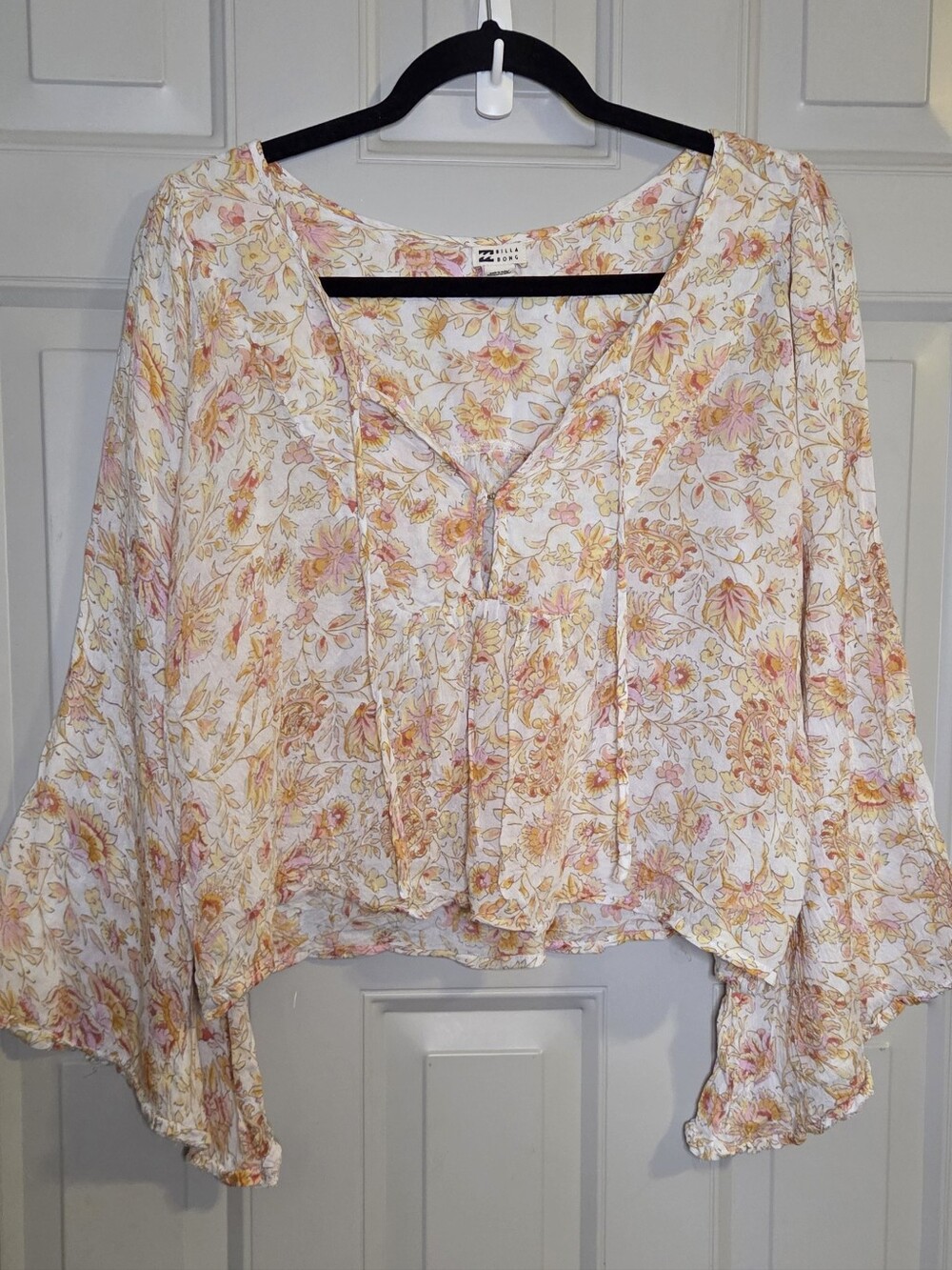 Billabong - White Floral Tie-Front Peasant Top with Pink and Yellow Print